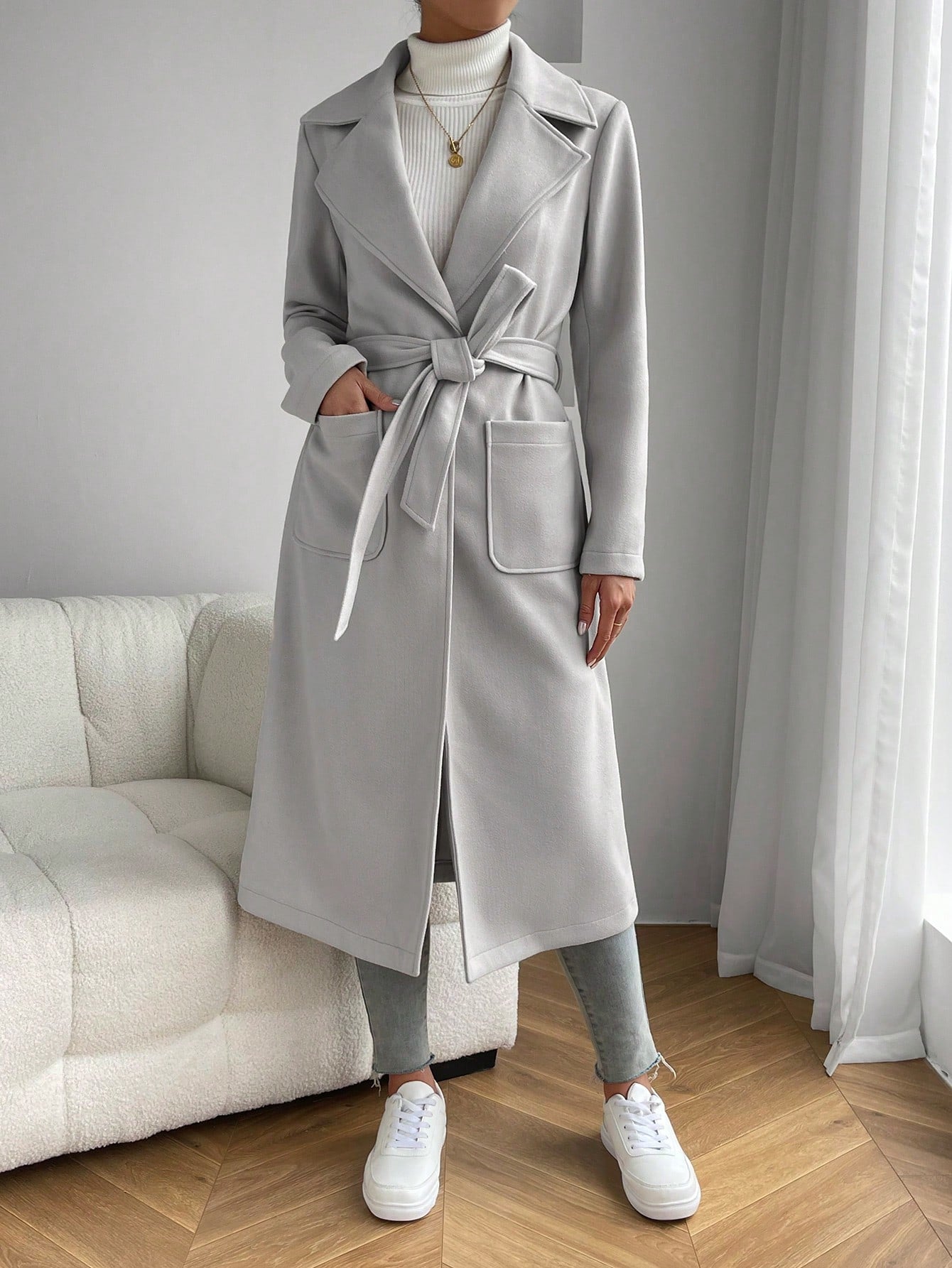 Lapel Neck Dual Pocket Belted Overcoat - Negative Apparel