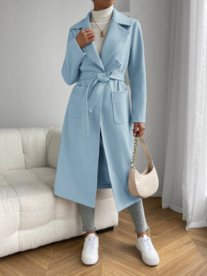 Lapel Neck Dual Pocket Belted Overcoat - Negative Apparel