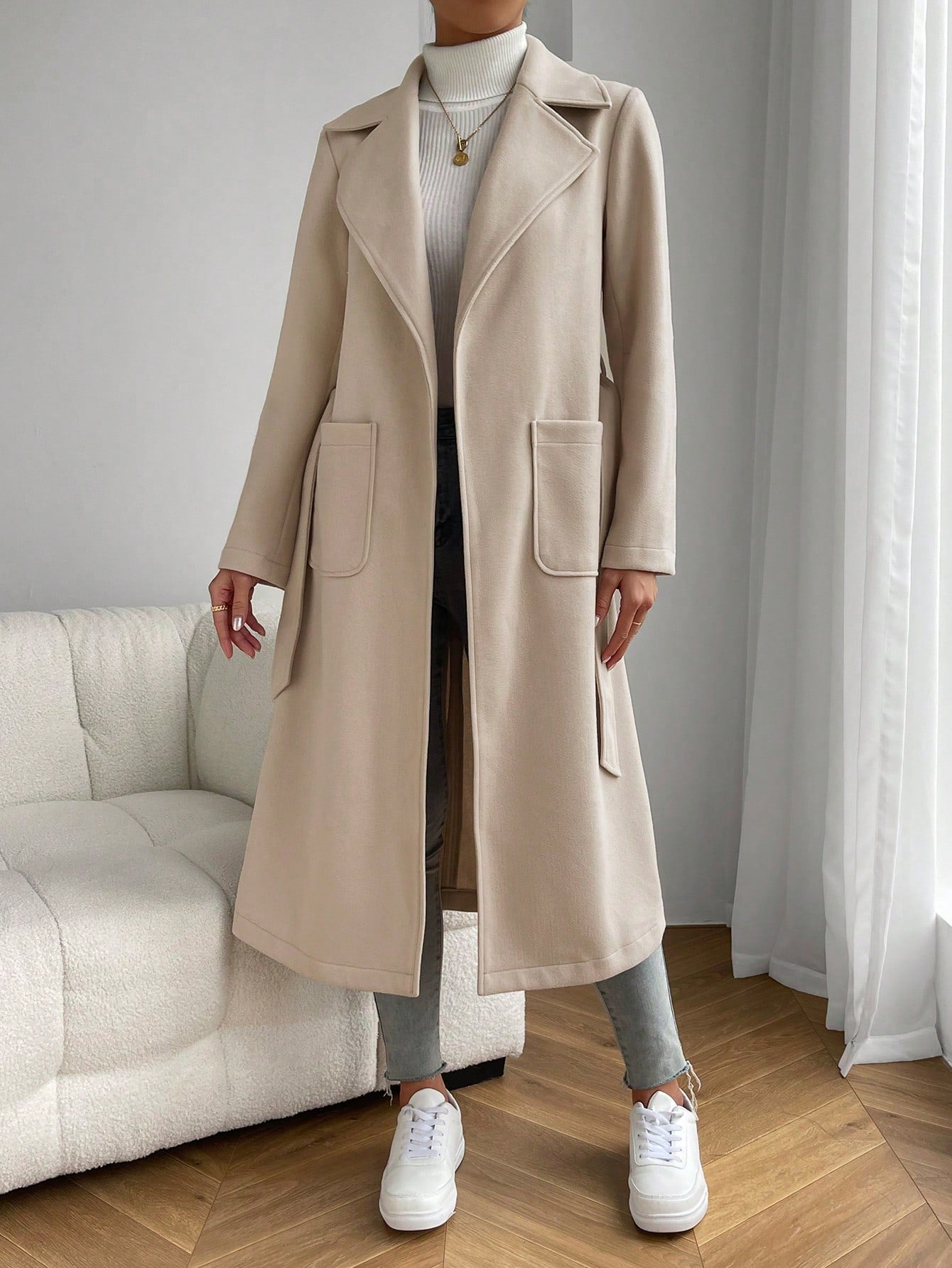 Lapel Neck Dual Pocket Belted Overcoat - Negative Apparel