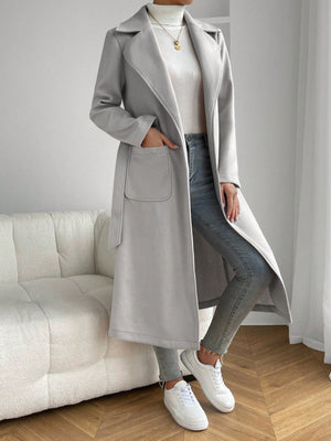 Lapel Neck Dual Pocket Belted Overcoat - Negative Apparel