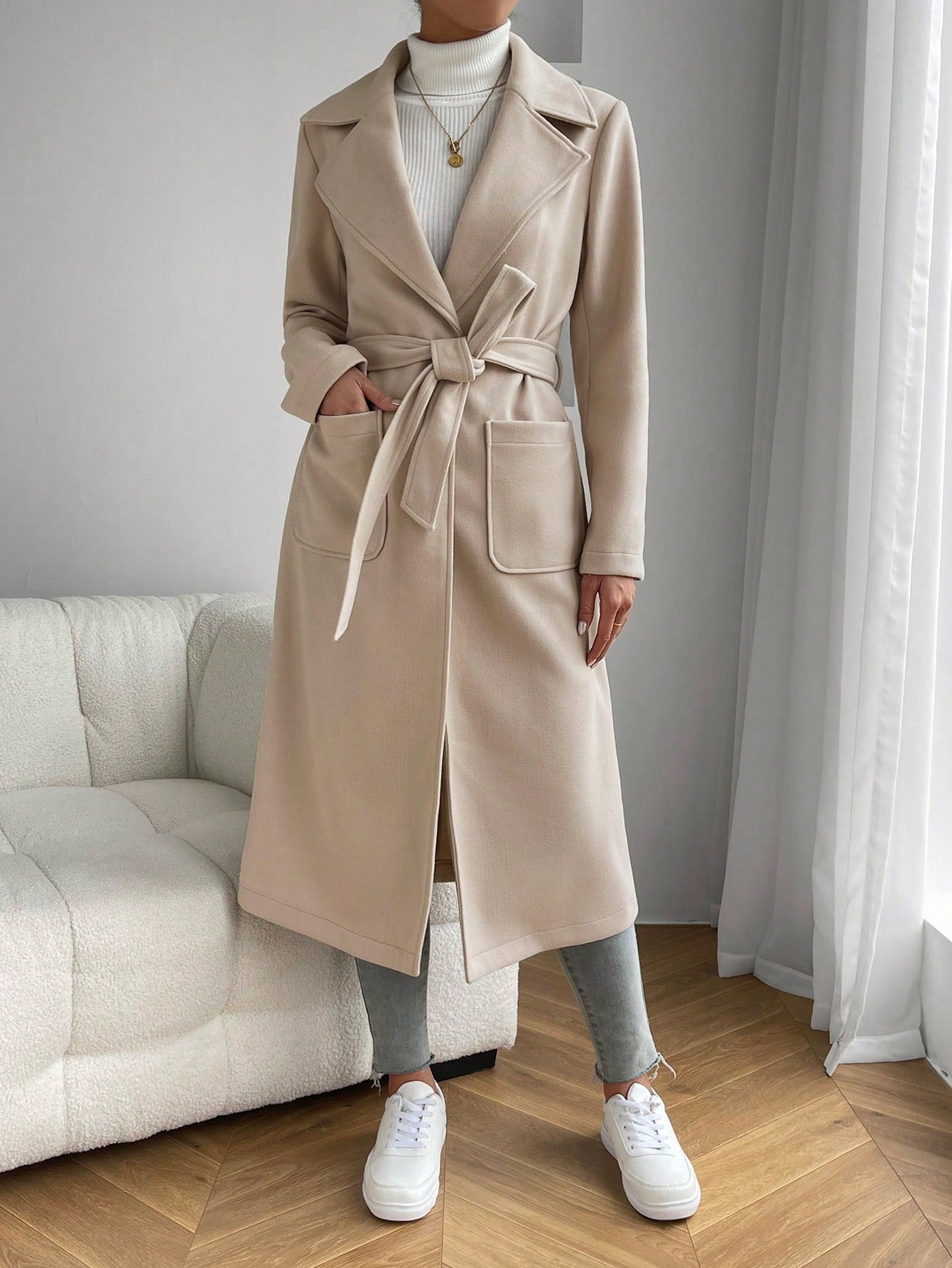 Lapel Neck Dual Pocket Belted Overcoat - Negative Apparel