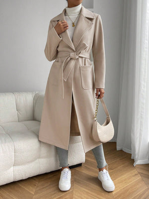 Lapel Neck Dual Pocket Belted Overcoat - Negative Apparel