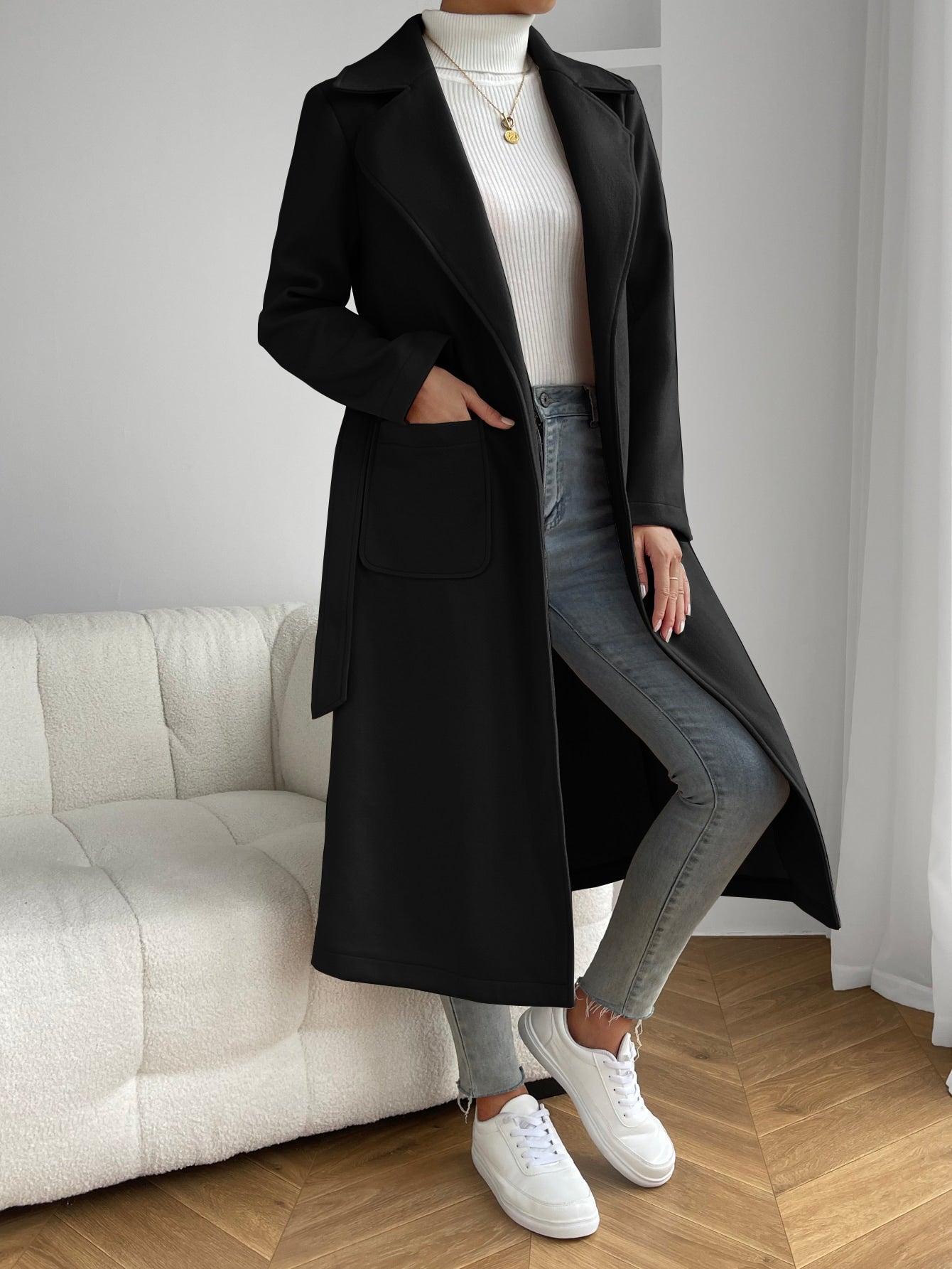 Lapel Neck Dual Pocket Belted Overcoat - Negative Apparel