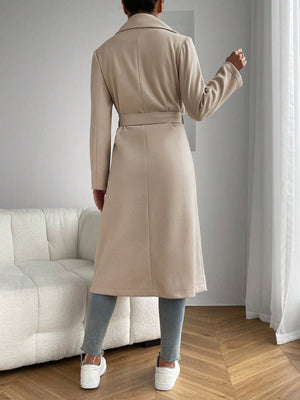 Lapel Neck Dual Pocket Belted Overcoat - Negative Apparel