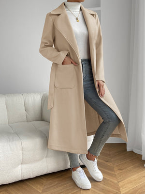 Lapel Neck Dual Pocket Belted Overcoat - Negative Apparel