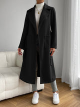 Lapel Neck Dual Pocket Belted Overcoat - Negative Apparel