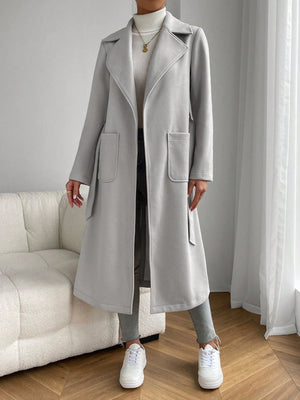 Lapel Neck Dual Pocket Belted Overcoat - Negative Apparel