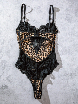 Leopard Print Contrast Lace Underwire Teddy Bodysuit - Negative Apparel