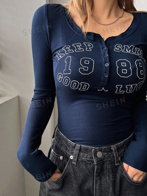 Letter Printed Semi-Buttoned Round Neck Tight Long-Sleeved Women's T-Shirt - Negative Apparel