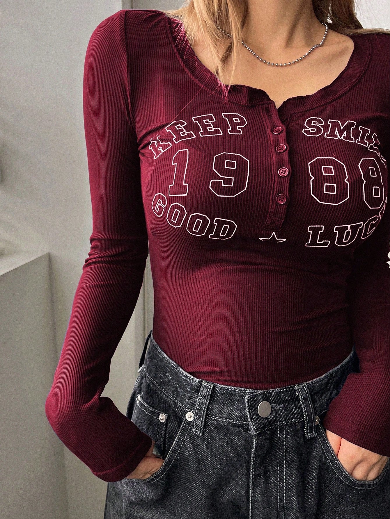 Letter Printed Semi-Buttoned Round Neck Tight Long-Sleeved Women's T-Shirt - Negative Apparel