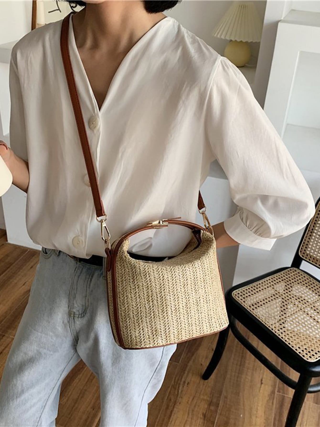 Lightweight, Casual Two Tone Push Lock Straw Bag - Negative Apparel