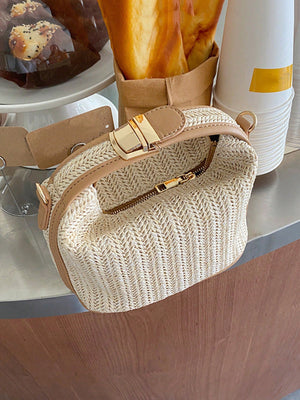 Lightweight, Casual Two Tone Push Lock Straw Bag - Negative Apparel