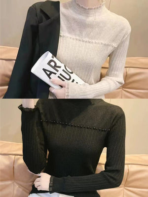 Long Sleeve Mock Neck Plain Panel Ribbed Knit Top With Pearls - Negative Apparel