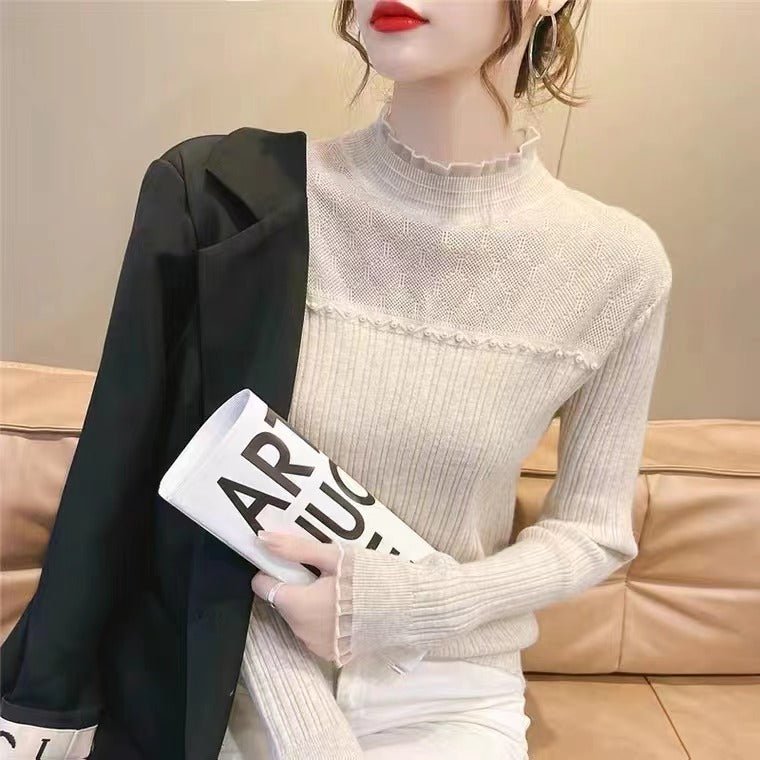 Long Sleeve Mock Neck Plain Panel Ribbed Knit Top With Pearls - Negative Apparel