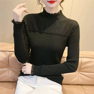 Long Sleeve Mock Neck Plain Panel Ribbed Knit Top With Pearls - Negative Apparel