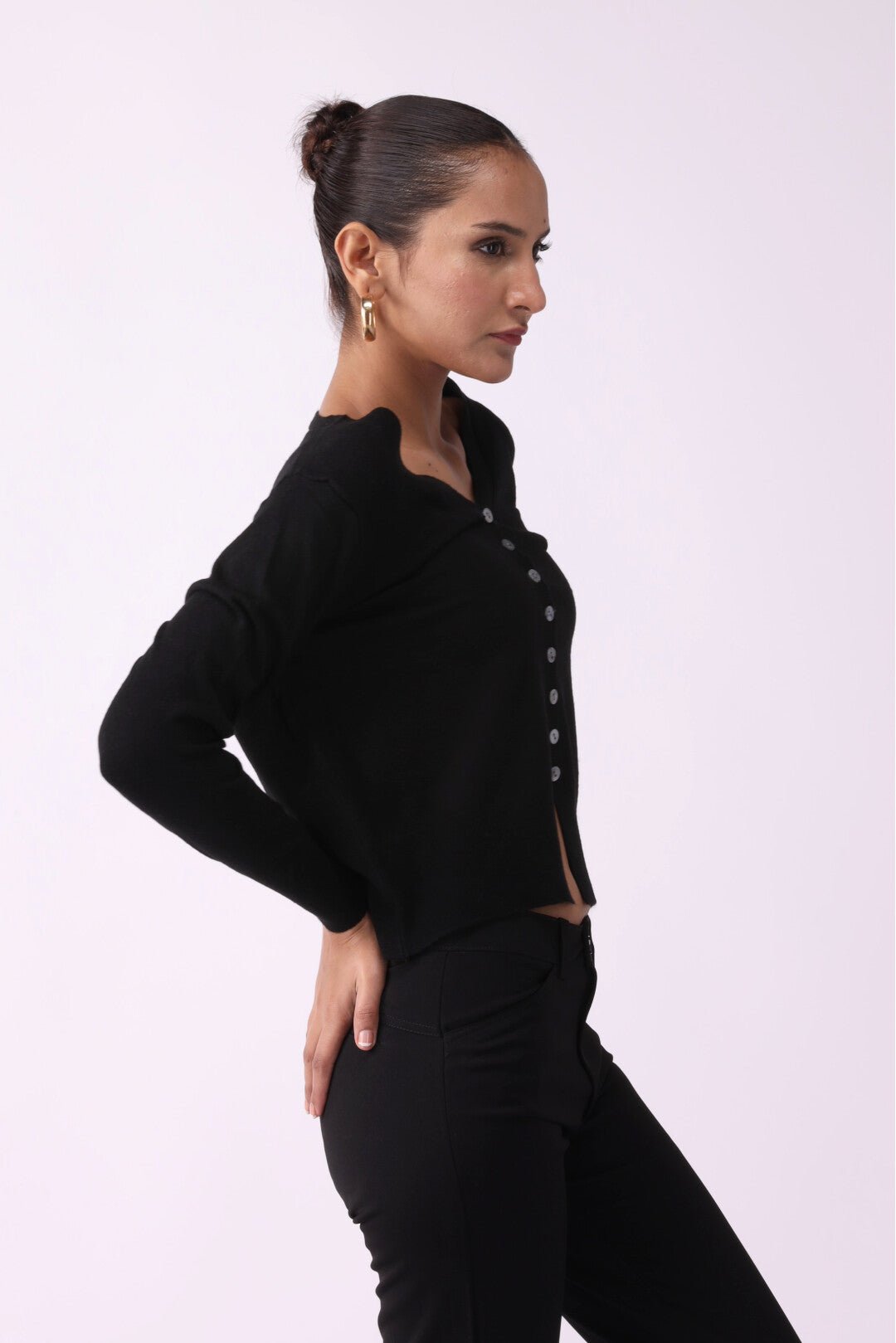 Long Sleeve V Neck Cardigan with Button - Negative Apparel