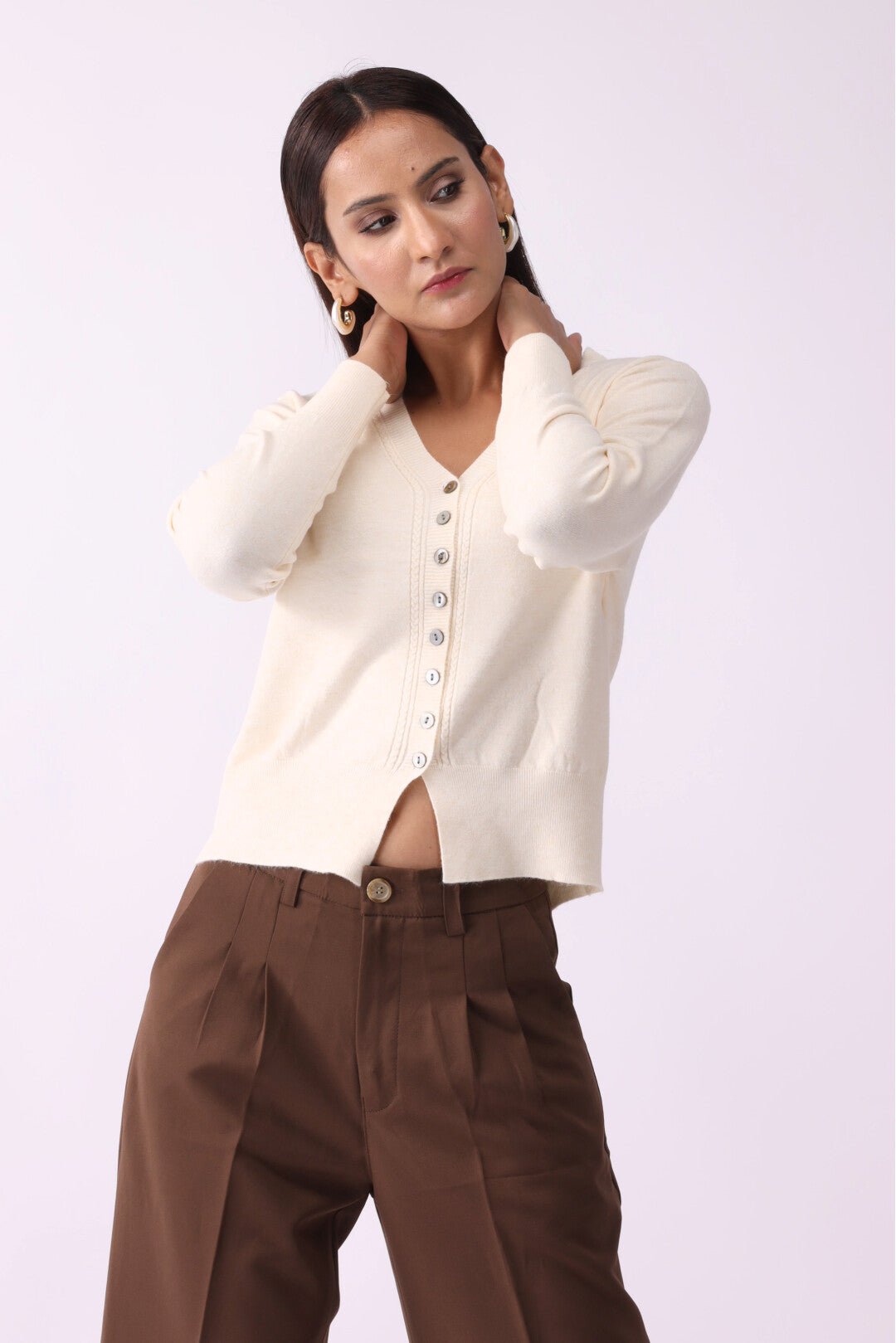 Long Sleeve V Neck Cardigan with Button - Negative Apparel