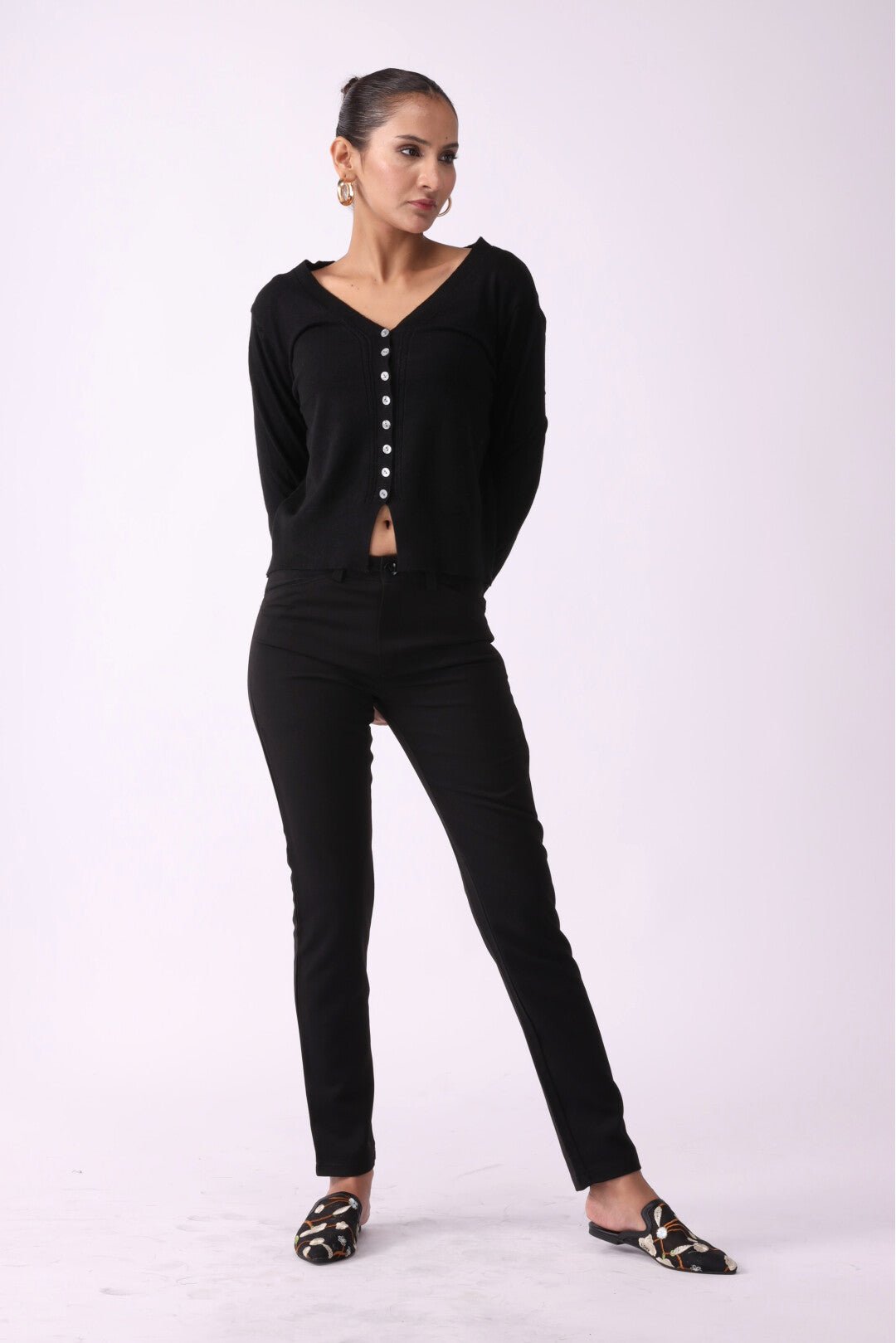 Long Sleeve V Neck Cardigan with Button - Negative Apparel