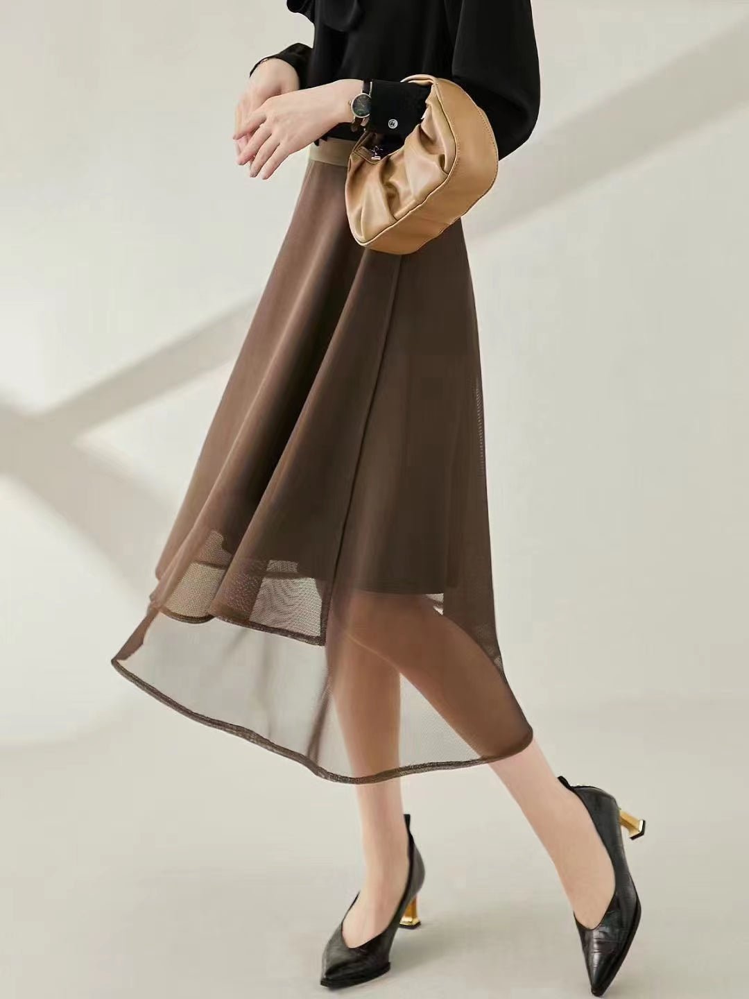 Mesh Net Buttoned Layered Skirt - Negative Apparel