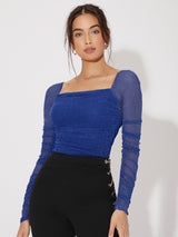 Mesh Panel Ruched Glitter Top - Negative Apparel