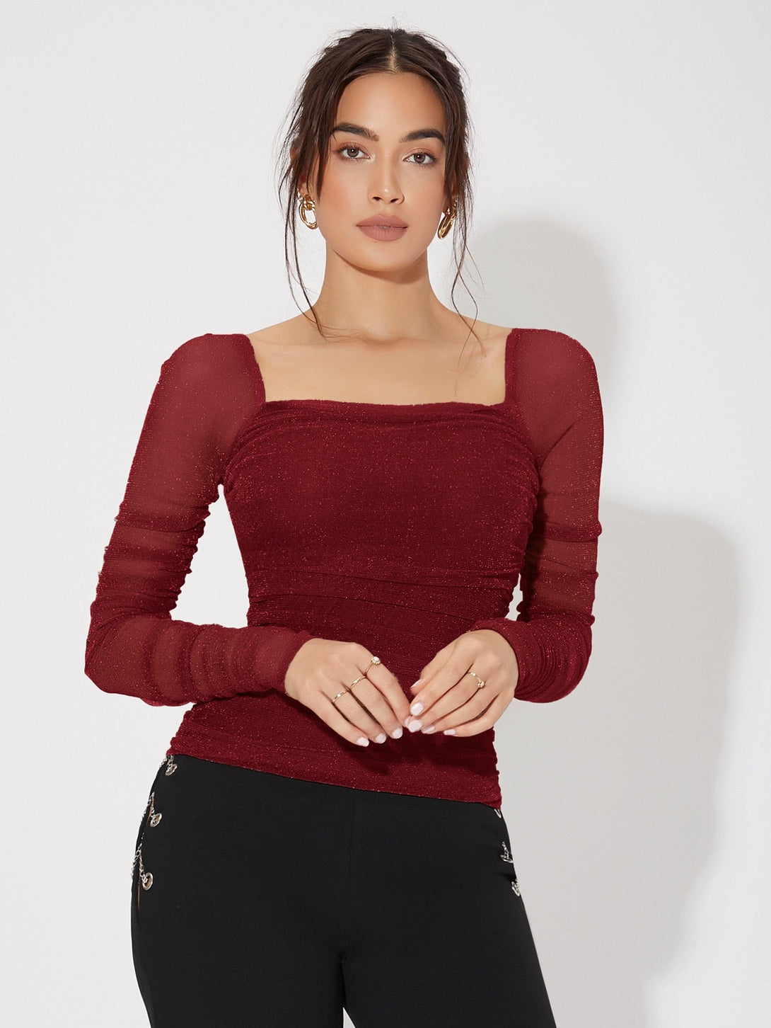 Mesh Panel Ruched Glitter Top - Negative Apparel
