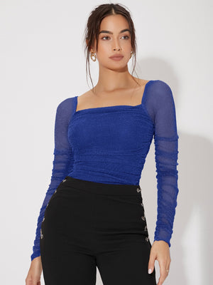 Mesh Panel Ruched Glitter Top - Negative Apparel