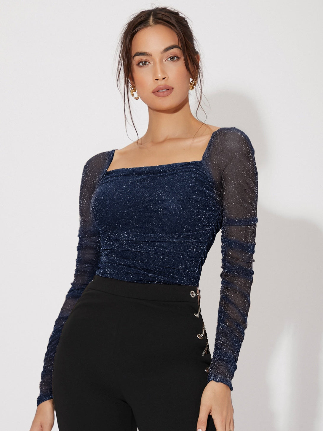 Mesh Panel Ruched Glitter Top - Negative Apparel