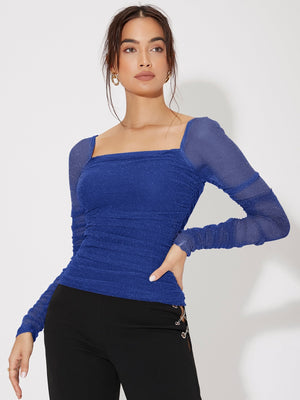 Mesh Panel Ruched Glitter Top - Negative Apparel