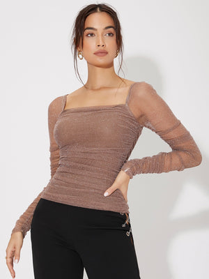 Mesh Panel Ruched Glitter Top - Negative Apparel