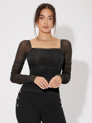 Mesh Panel Ruched Glitter Top - Negative Apparel