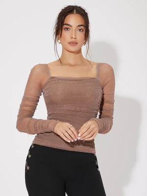 Mesh Panel Ruched Glitter Top - Negative Apparel