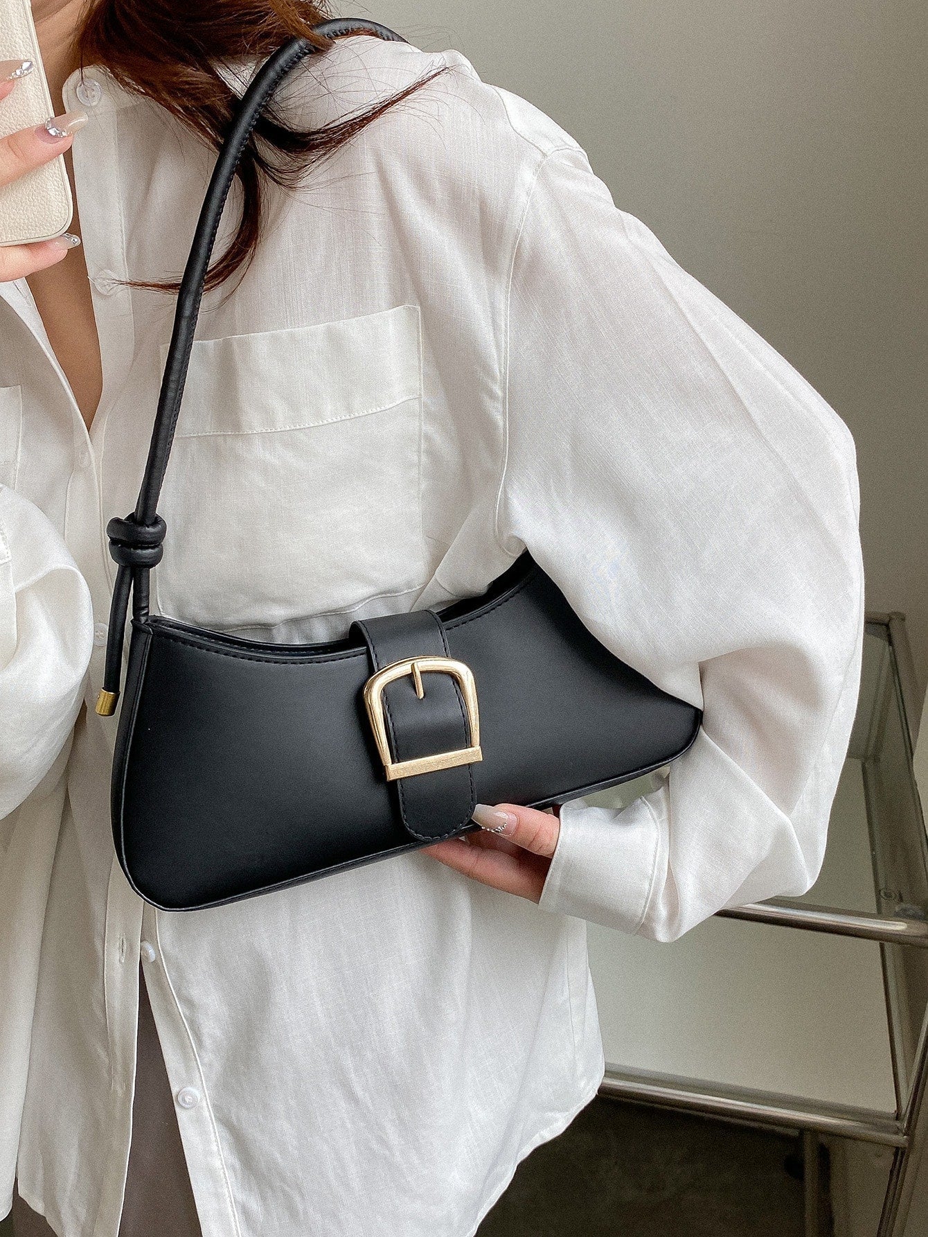 Minimalist Baguette Bag Vintage Buckle Decor Handbag Negative Apparel