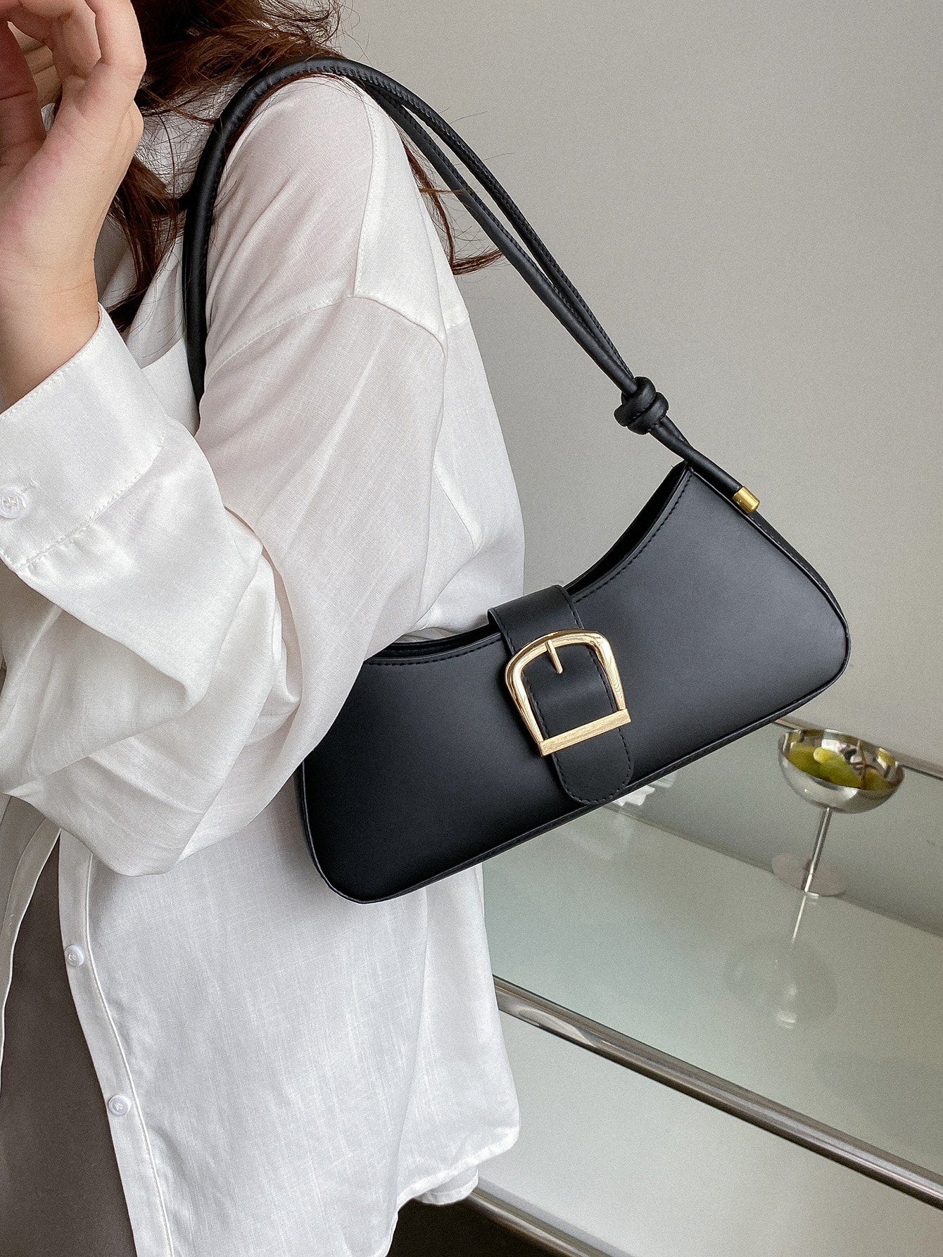 Minimalist Baguette Bag Vintage Buckle Decor Handbag