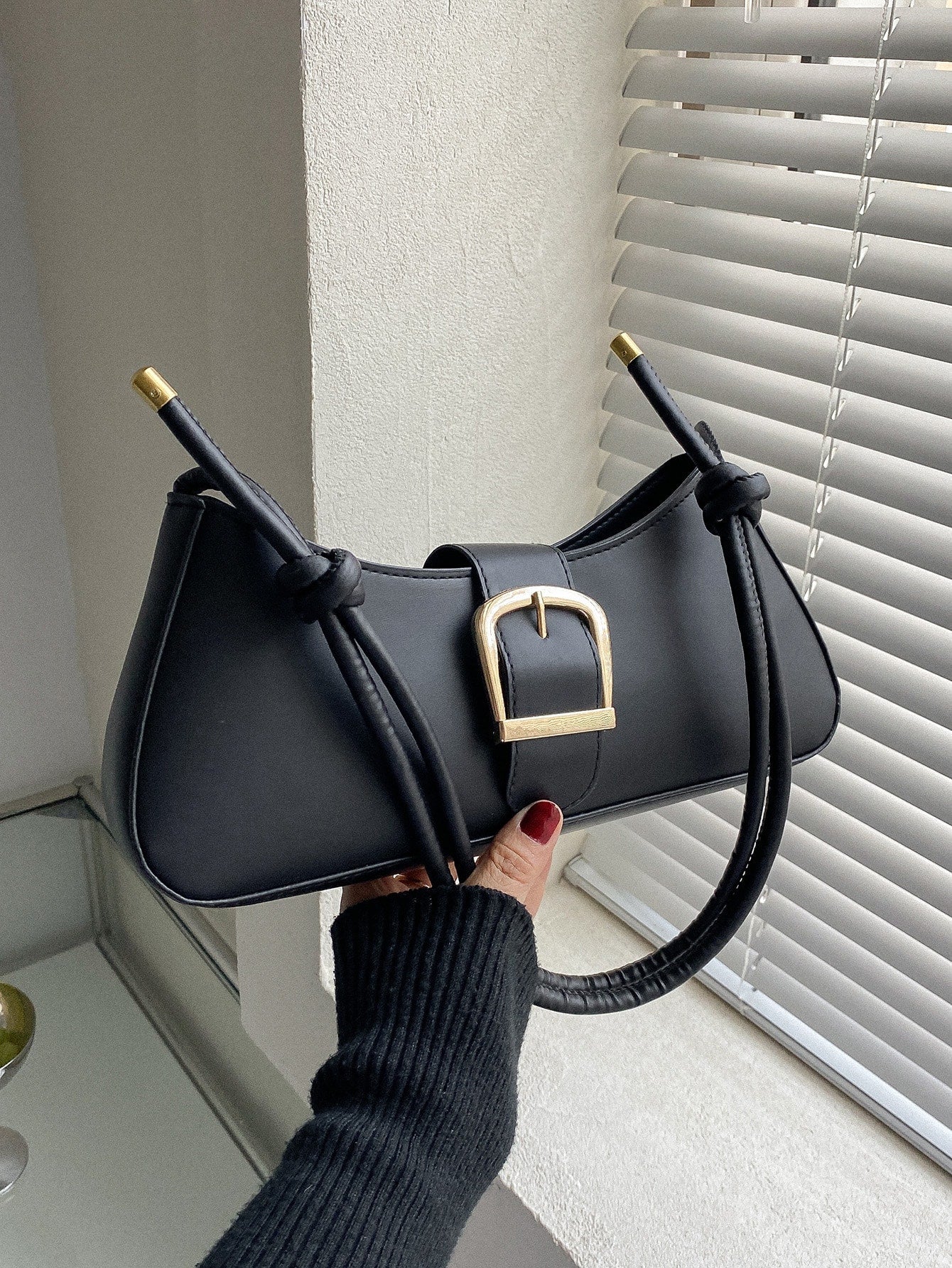 Minimalist Baguette Bag Vintage Buckle Decor Handbag - Negative Apparel