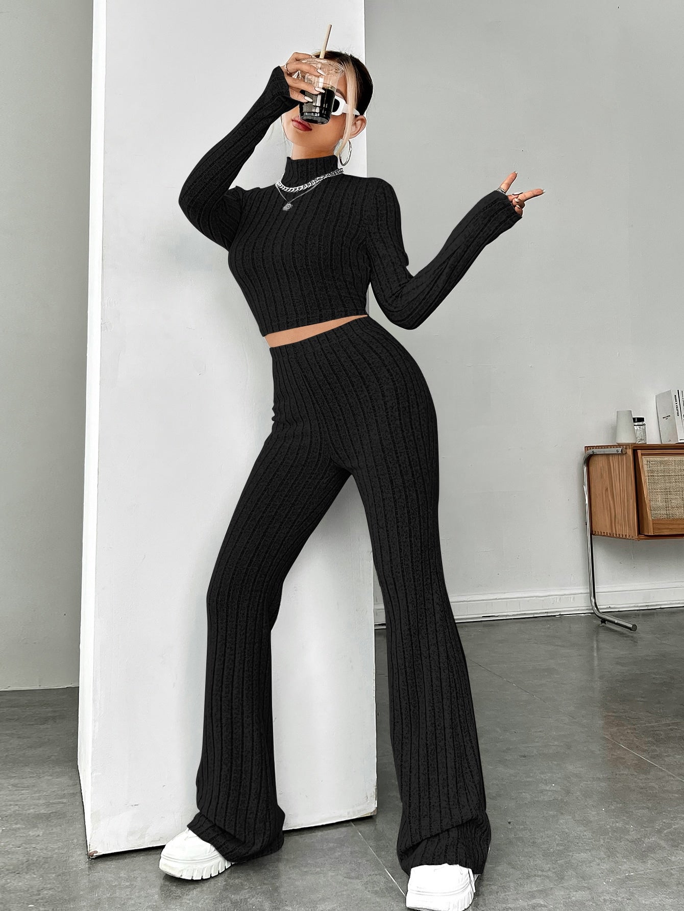 Mock Neck Crop Tee & Flare Leg Pants - Negative Apparel