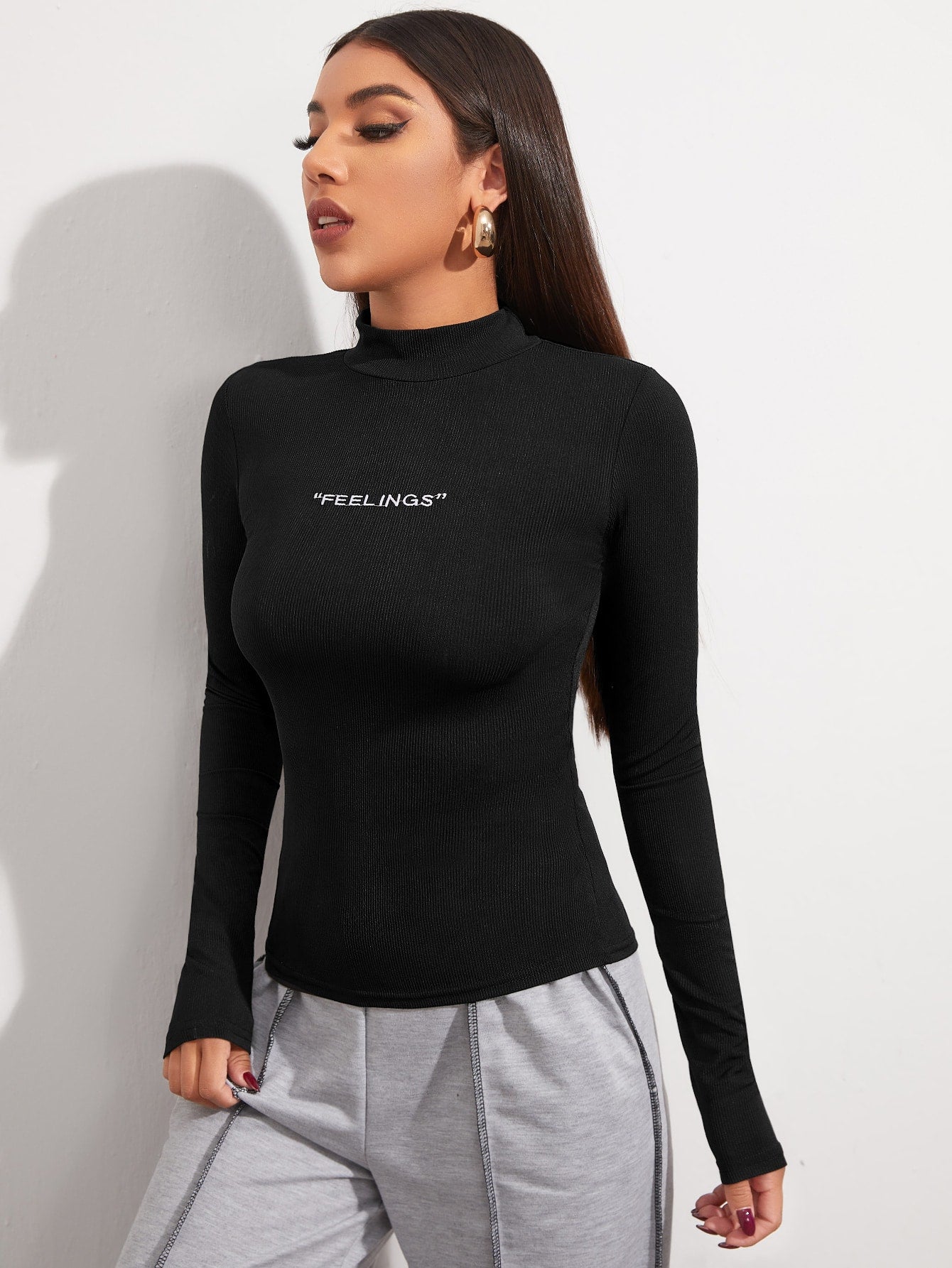 Mock Neck Letter Embroidered Rib-knit Tee - Negative Apparel