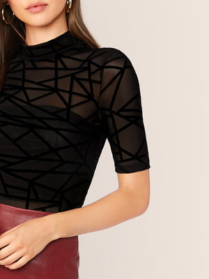 Mock Neck Mesh Overlay Geo Print Fitted Top Without Tube - Negative Apparel