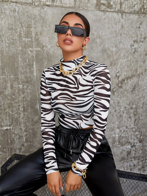 Mock Neck Zebra Striped Sheer Mesh Top Without Bra - Negative Apparel