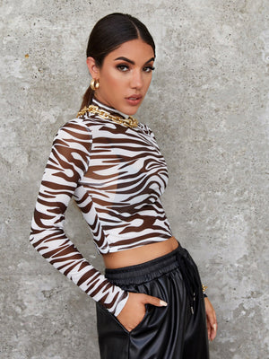 Mock Neck Zebra Striped Sheer Mesh Top Without Bra - Negative Apparel