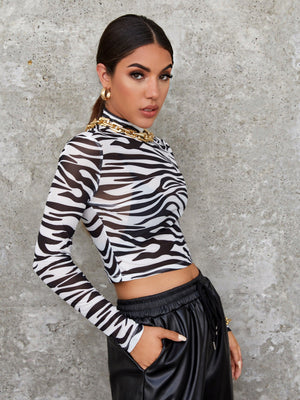 Mock Neck Zebra Striped Sheer Mesh Top Without Bra - Negative Apparel