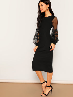 Modely Embroidery Mesh Insert Bishop Sleeve Fitted Dress - Negative Apparel