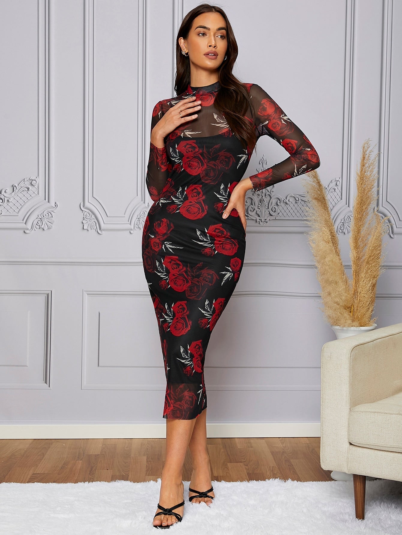 Modely Floral Print Mesh Bodycon Dress With Lined - Negative Apparel