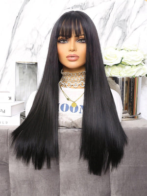 Natural Long Straight Synthetic Wig With Bangs - Negative Apparel