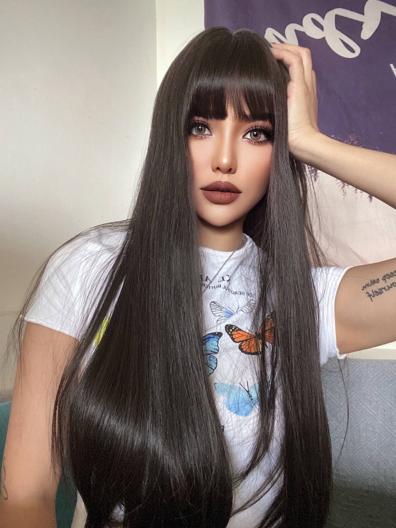 Natural Long Straight Synthetic Wig With Bangs - Negative Apparel