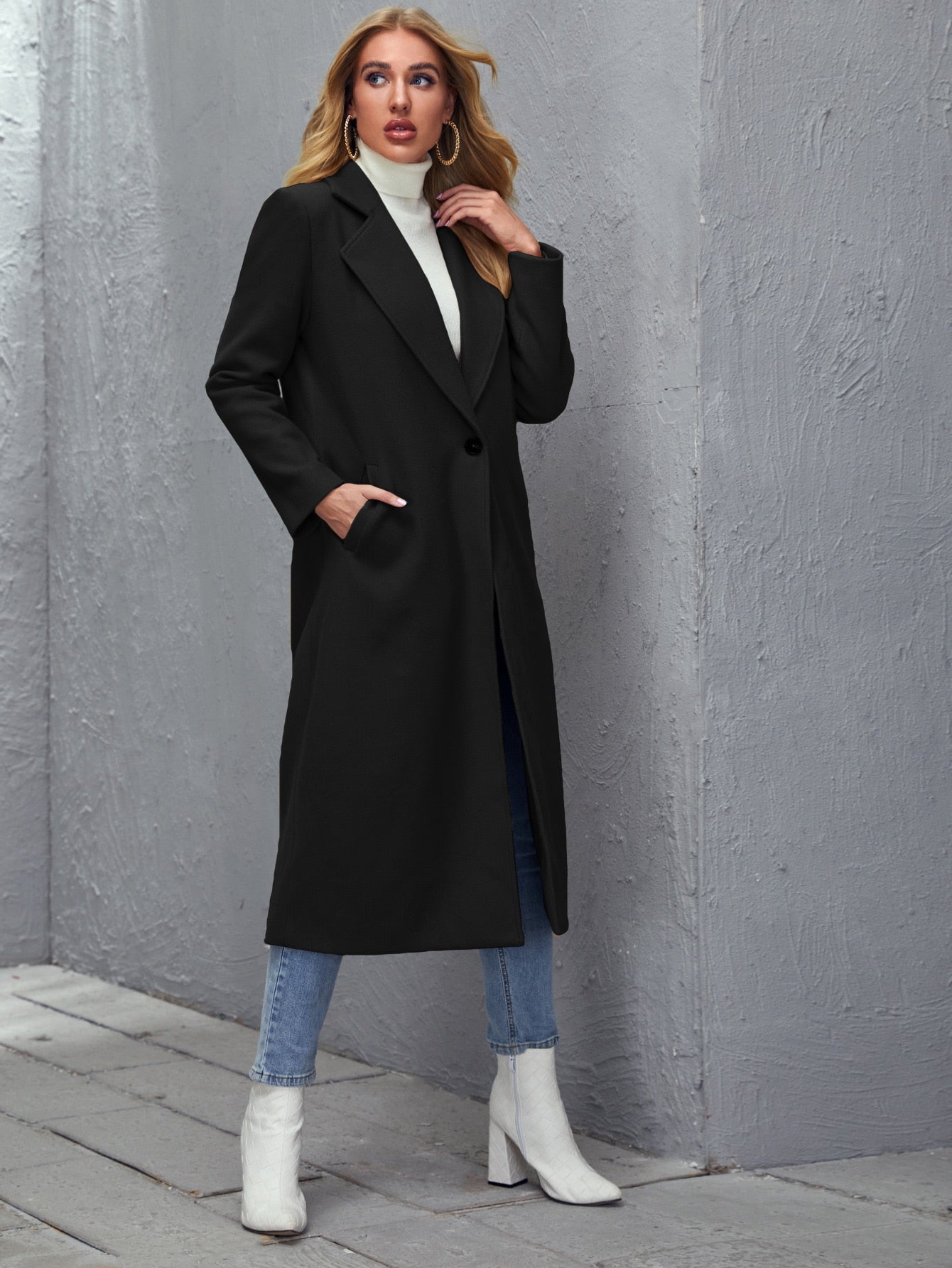Notched Collar Single Button Overcoat - Negative Apparel