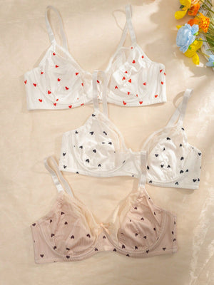 Plus 3pcs Heart Print Underwire Bra - Negative Apparel