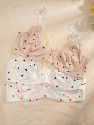 Plus 3pcs Heart Print Underwire Bra - Negative Apparel