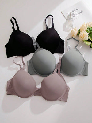 Plus 3pcs Solid Underwire Bra - Negative Apparel