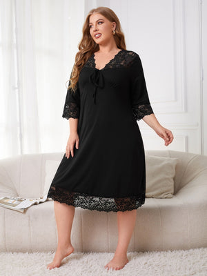 Plus Contrast Lace Knot Front Nightdress - Negative Apparel