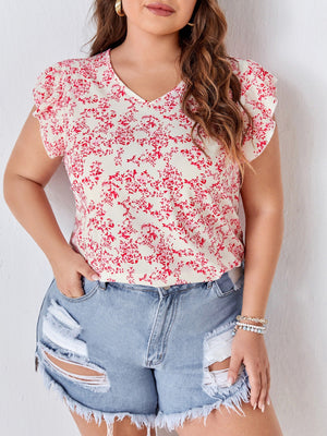 Plus Ditsy Floral Print Butterfly Sleeve Blouse - Negative Apparel
